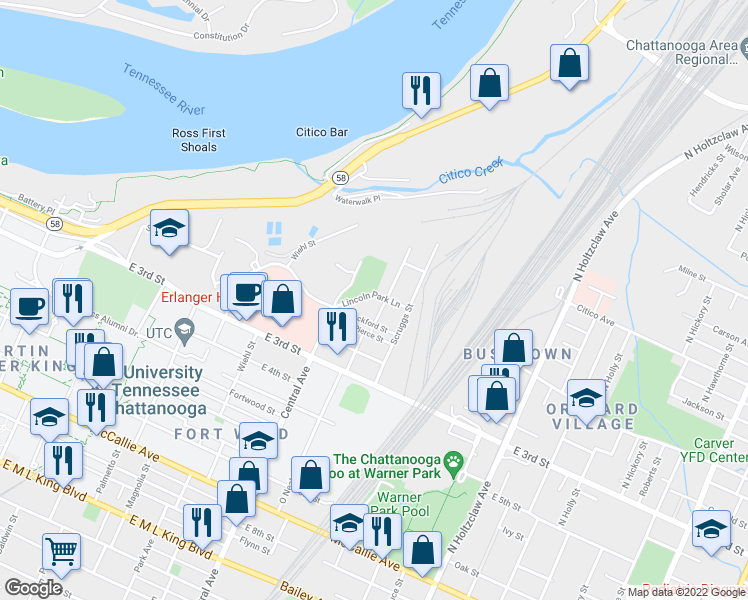 map of restaurants, bars, coffee shops, grocery stores, and more near 1122 Lincoln Park Lane in Chattanooga
