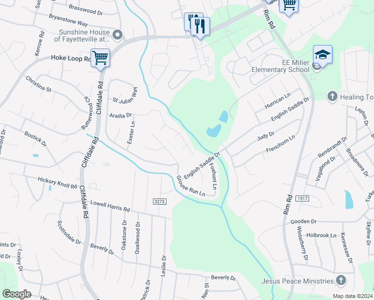 map of restaurants, bars, coffee shops, grocery stores, and more near 1605 Middle Creek Circle in Fayetteville