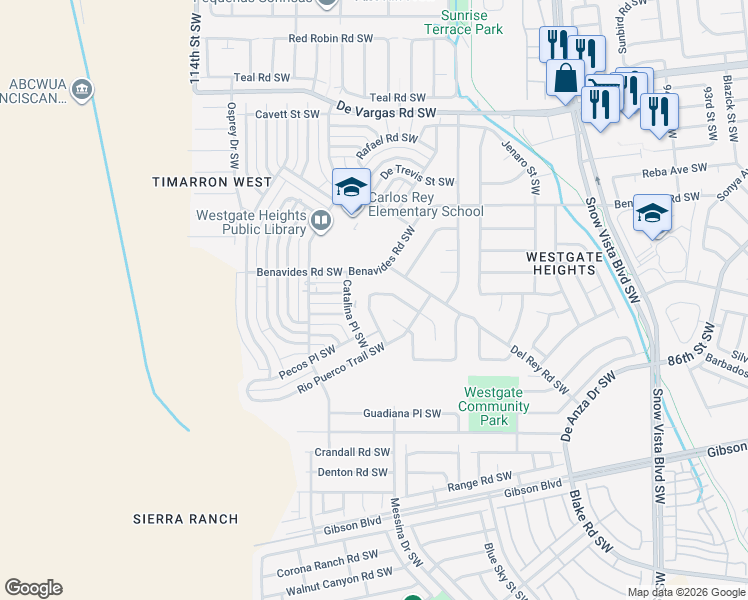 map of restaurants, bars, coffee shops, grocery stores, and more near 10426 Valtierra Place Southwest in Albuquerque