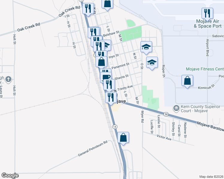 map of restaurants, bars, coffee shops, grocery stores, and more near 15615 K Street in Mojave
