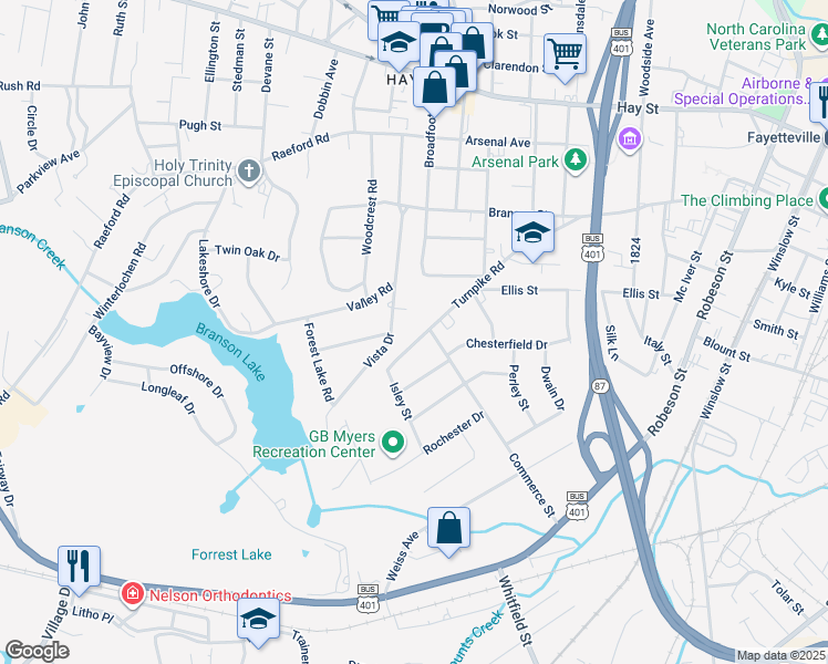 map of restaurants, bars, coffee shops, grocery stores, and more near 415 Vista Drive in Fayetteville