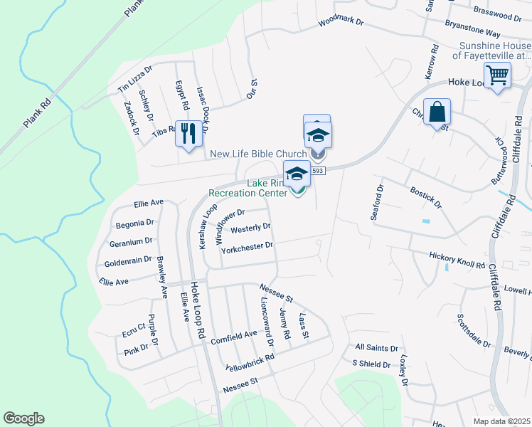 map of restaurants, bars, coffee shops, grocery stores, and more near 5001 Windflower Drive in Fayetteville