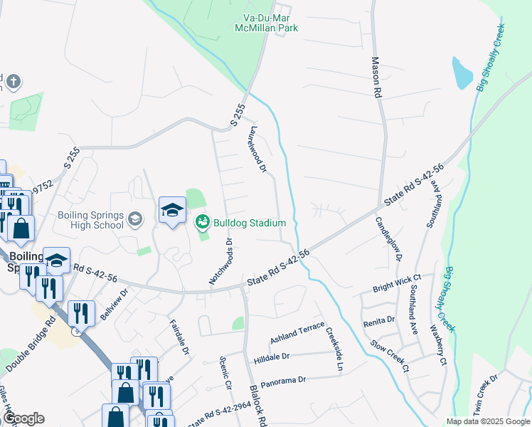 map of restaurants, bars, coffee shops, grocery stores, and more near 104 Diehl Court in Boiling Springs