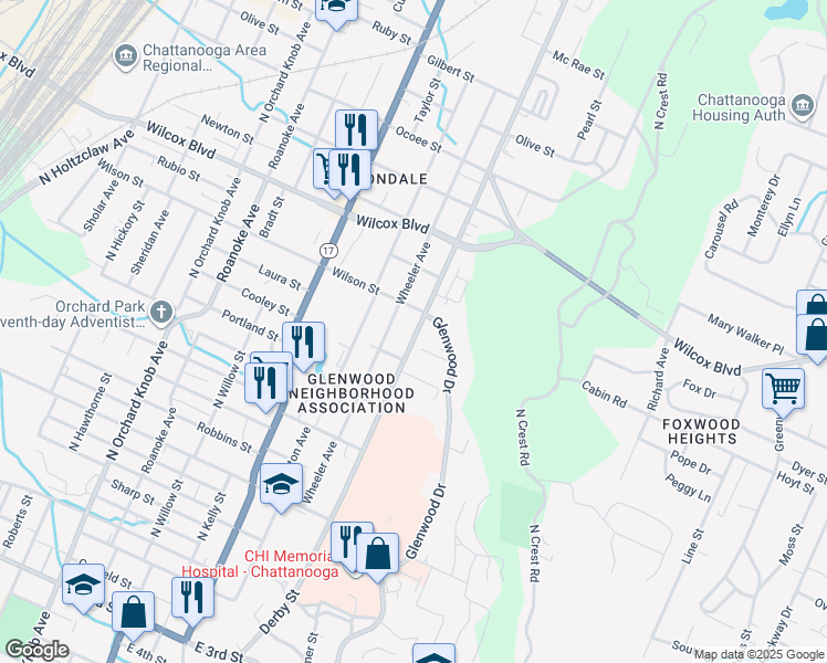 map of restaurants, bars, coffee shops, grocery stores, and more near 1211 North Chamberlain Avenue in Chattanooga