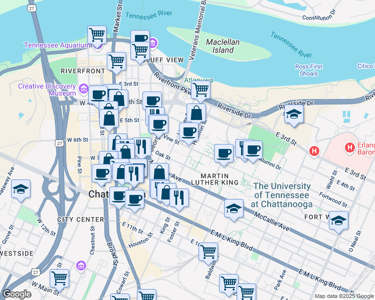 map of restaurants, bars, coffee shops, grocery stores, and more near 422 Vine Street in Chattanooga
