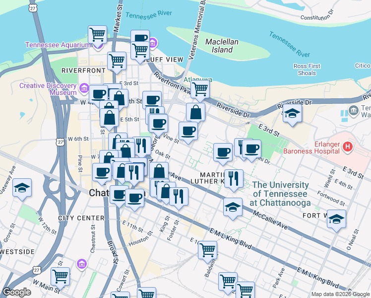 map of restaurants, bars, coffee shops, grocery stores, and more near 422 Vine Street in Chattanooga