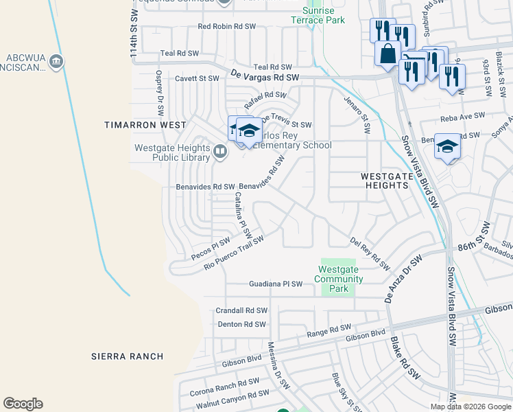 map of restaurants, bars, coffee shops, grocery stores, and more near 10426 Valtierra Place Southwest in Albuquerque