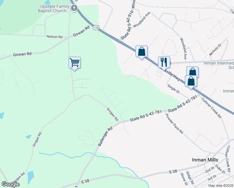 map of restaurants, bars, coffee shops, grocery stores, and more near 124 Pine Tree Lane in Inman