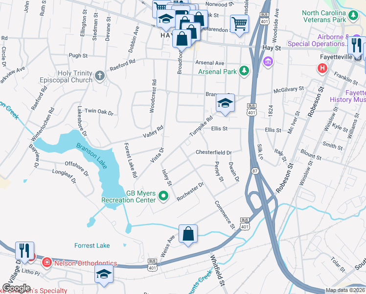 map of restaurants, bars, coffee shops, grocery stores, and more near 1129 Turnpike Road in Fayetteville