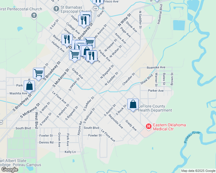 map of restaurants, bars, coffee shops, grocery stores, and more near 103 South Saddler Street in Poteau