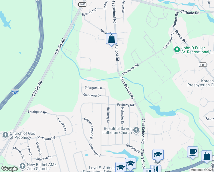 map of restaurants, bars, coffee shops, grocery stores, and more near 909 Cedar Glen Drive in Fayetteville