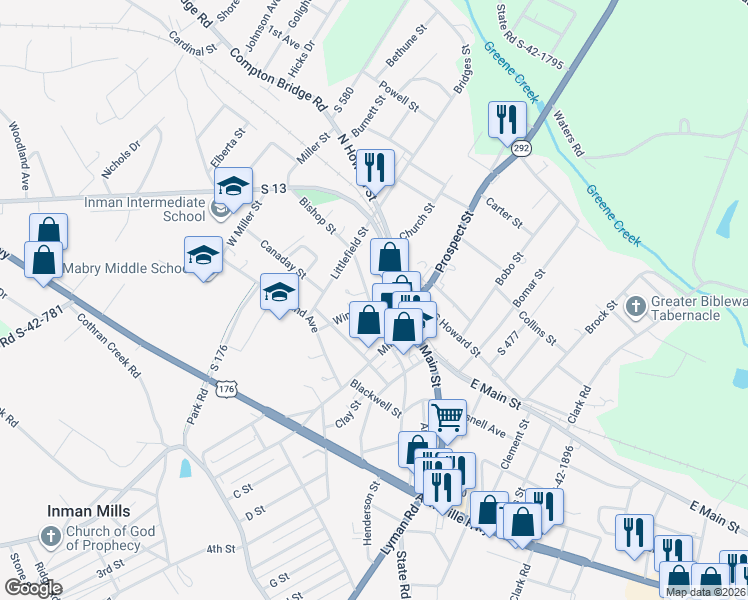 map of restaurants, bars, coffee shops, grocery stores, and more near 16 Bishop Street in Inman