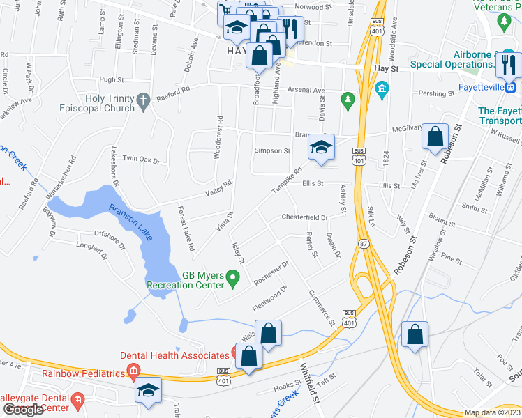 map of restaurants, bars, coffee shops, grocery stores, and more near 1203 Turnpike Road in Fayetteville