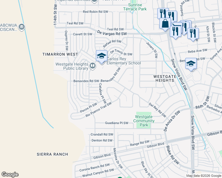 map of restaurants, bars, coffee shops, grocery stores, and more near 10426 Valtierra Place Southwest in Albuquerque