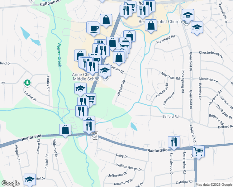 map of restaurants, bars, coffee shops, grocery stores, and more near 744 Edgehill Rd in Fayetteville