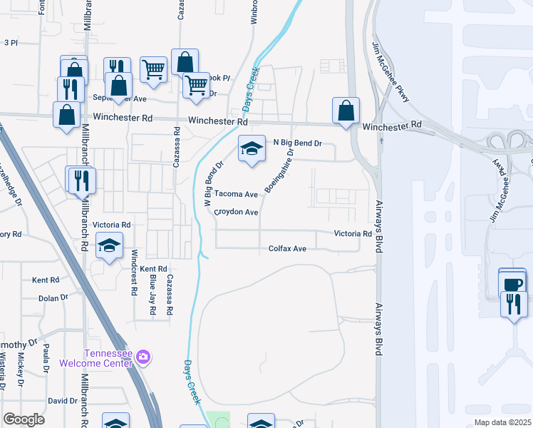 map of restaurants, bars, coffee shops, grocery stores, and more near 3654 Boeingshire Drive in Memphis