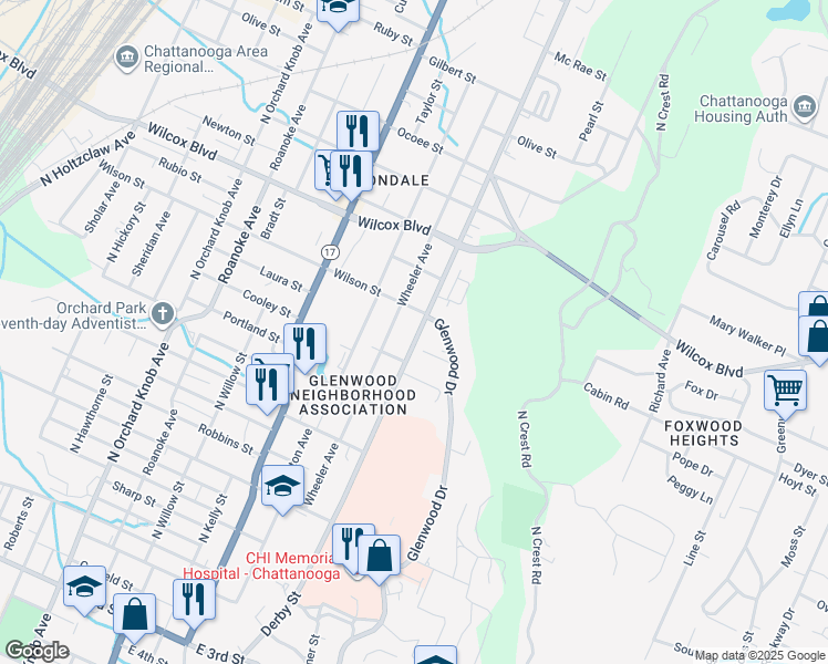 map of restaurants, bars, coffee shops, grocery stores, and more near 1211 North Chamberlain Avenue in Chattanooga