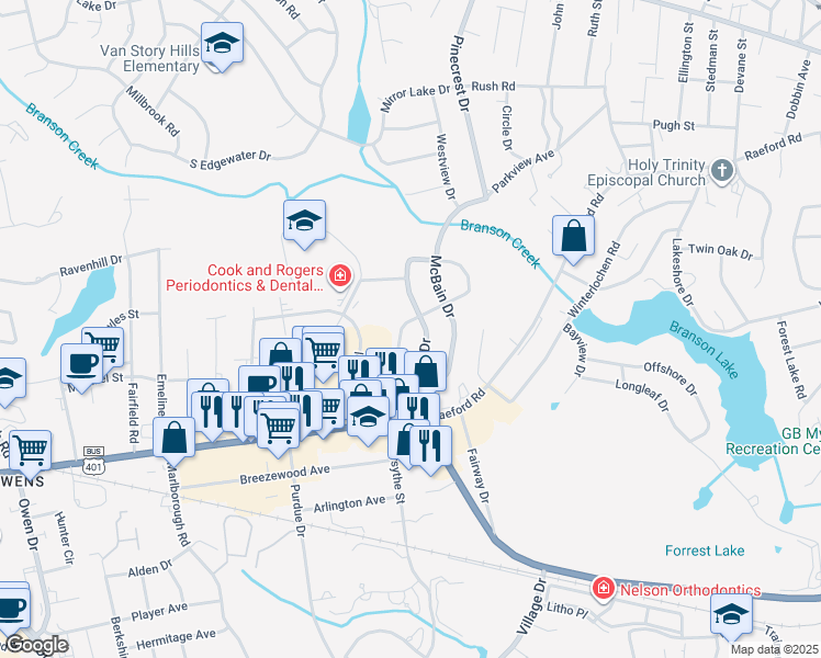 map of restaurants, bars, coffee shops, grocery stores, and more near 455 McRae Drive in Fayetteville