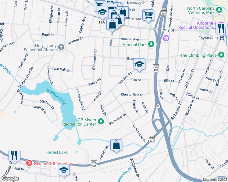 map of restaurants, bars, coffee shops, grocery stores, and more near 1129 Turnpike Road in Fayetteville