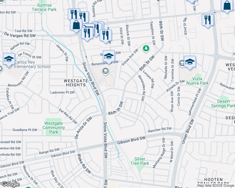 map of restaurants, bars, coffee shops, grocery stores, and more near 9209 Red Rock Road Southwest in Albuquerque