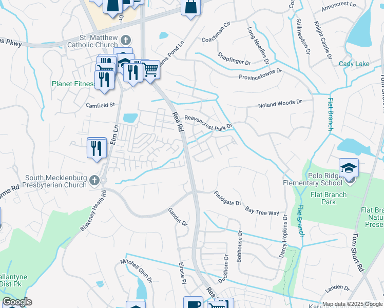map of restaurants, bars, coffee shops, grocery stores, and more near 9105 Lanigan Street in Charlotte