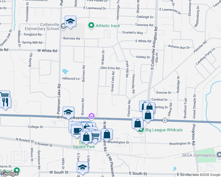 map of restaurants, bars, coffee shops, grocery stores, and more near 227 Pikes Peak Drive in Collierville