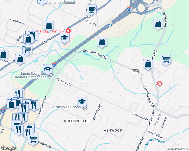 map of restaurants, bars, coffee shops, grocery stores, and more near 7423 Twinbrook Drive in Chattanooga