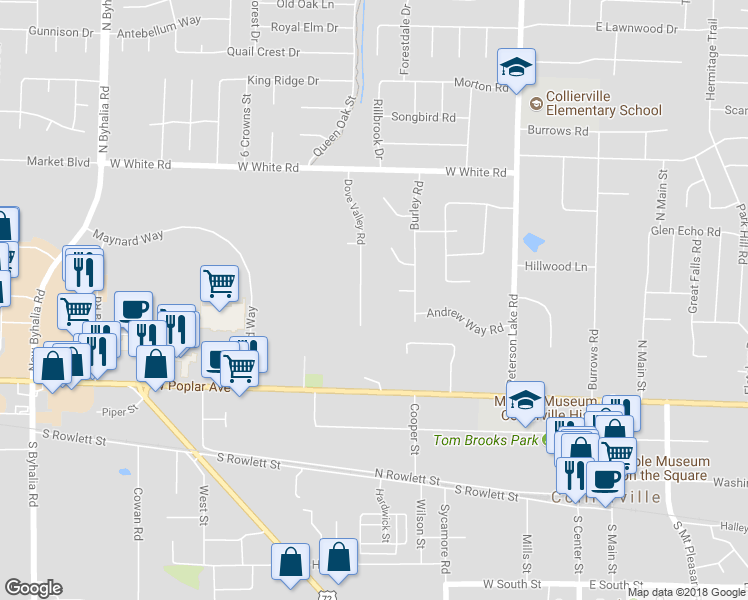 map of restaurants, bars, coffee shops, grocery stores, and more near 324 Dove Valley Road in Collierville