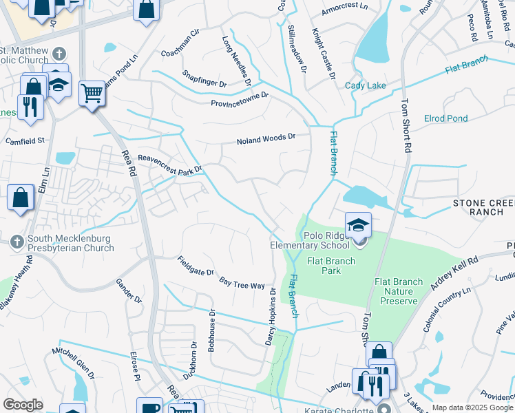 map of restaurants, bars, coffee shops, grocery stores, and more near 8535 Dennington Grove Lane in Charlotte