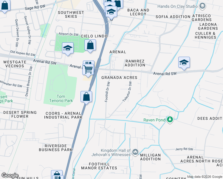 map of restaurants, bars, coffee shops, grocery stores, and more near 2002 Foothill Drive Southwest in Albuquerque