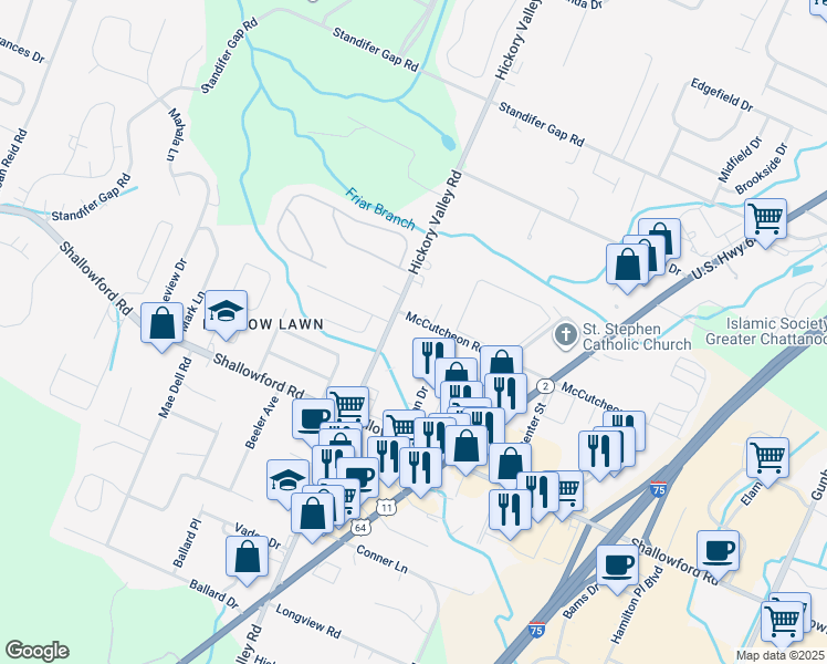 map of restaurants, bars, coffee shops, grocery stores, and more near 6812 McCutcheon Road in Chattanooga