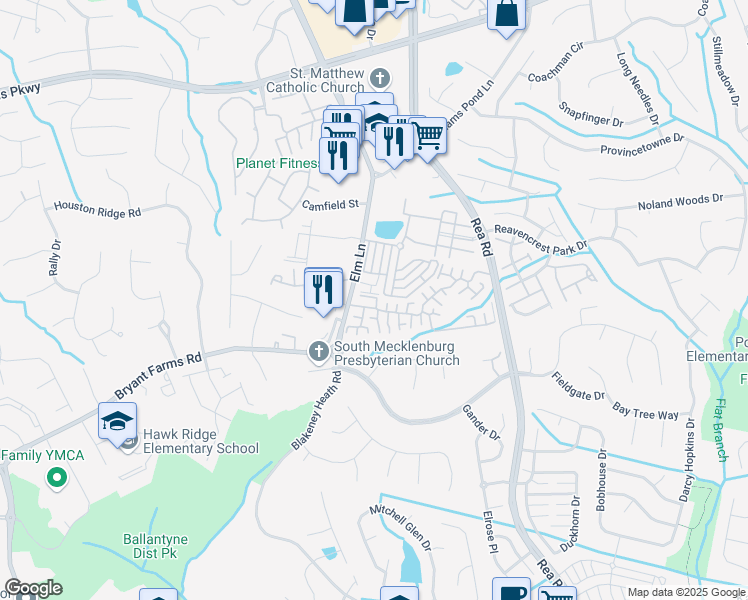 map of restaurants, bars, coffee shops, grocery stores, and more near 8626 Windsor Ridge Drive in Charlotte