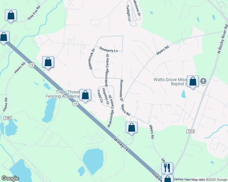 map of restaurants, bars, coffee shops, grocery stores, and more near 4547 Tradd Circle in Monroe