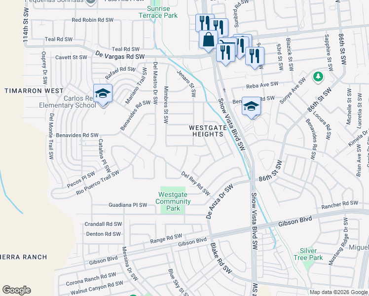map of restaurants, bars, coffee shops, grocery stores, and more near 10012 Ladrones Place in Albuquerque