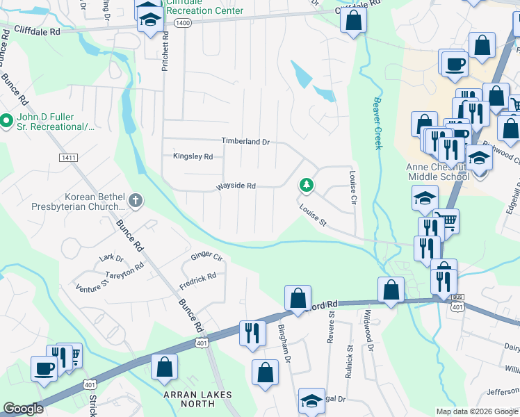 map of restaurants, bars, coffee shops, grocery stores, and more near 6116 Conaway Drive in Fayetteville