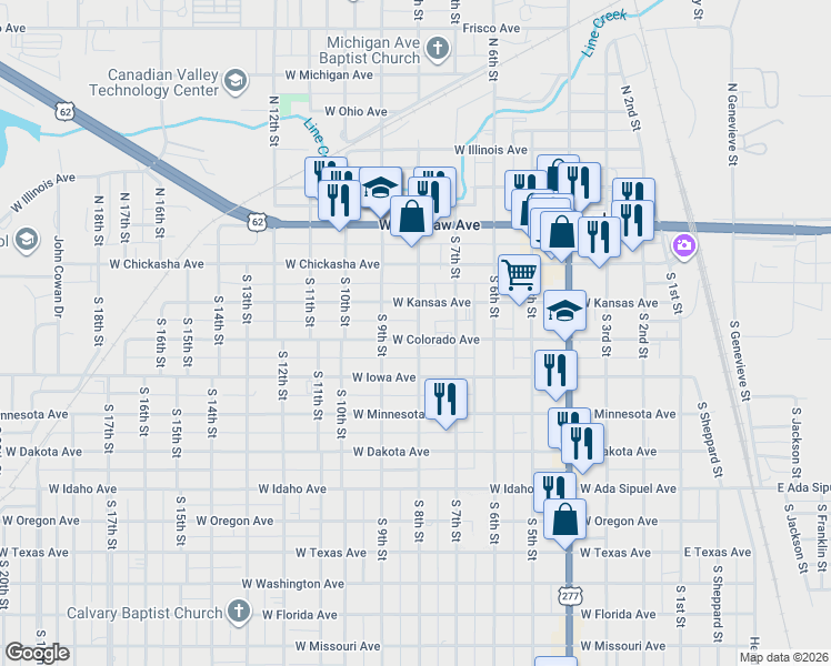 map of restaurants, bars, coffee shops, grocery stores, and more near 224 South 8th Street in Chickasha