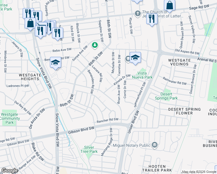 map of restaurants, bars, coffee shops, grocery stores, and more near 8601 Kimela Ct SW in Albuquerque