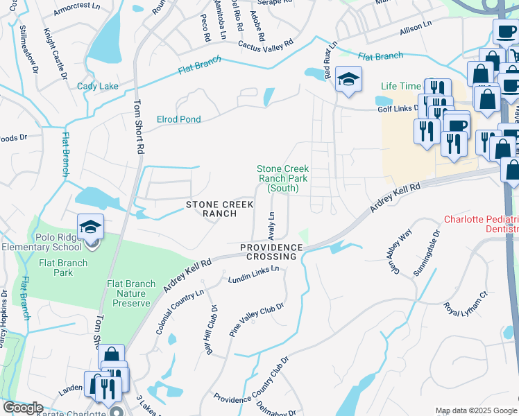map of restaurants, bars, coffee shops, grocery stores, and more near 11511 Wheat Ridge Rd in Charlotte