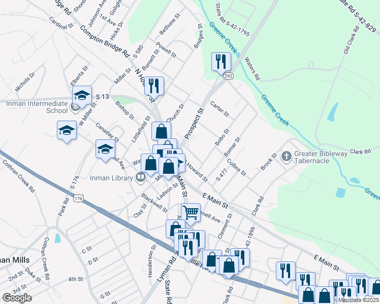map of restaurants, bars, coffee shops, grocery stores, and more near 8 South Howard Street in Inman