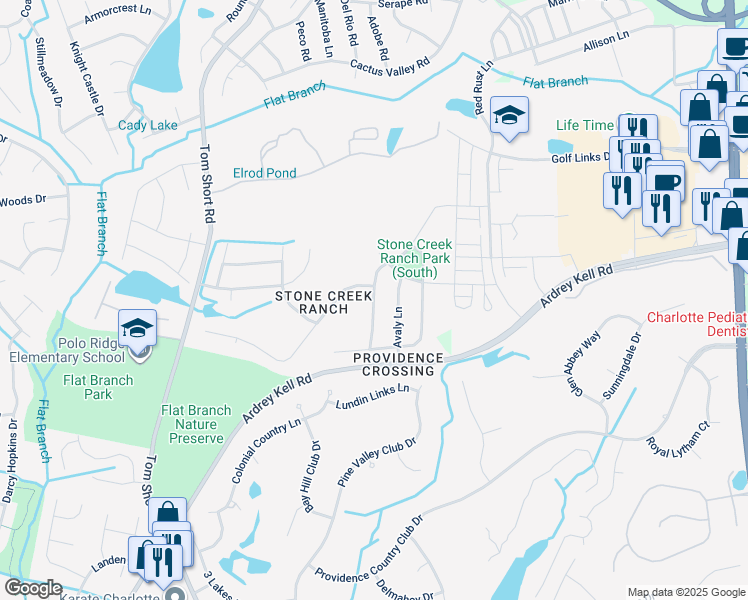 map of restaurants, bars, coffee shops, grocery stores, and more near 11511 Wheat Ridge Rd in Charlotte