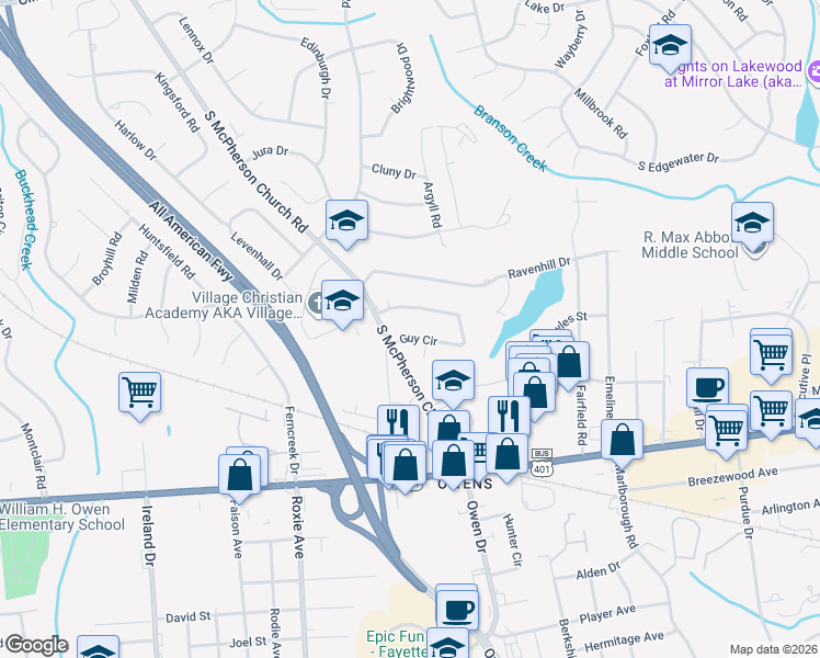 map of restaurants, bars, coffee shops, grocery stores, and more near 929 South McPherson Church Road in Fayetteville