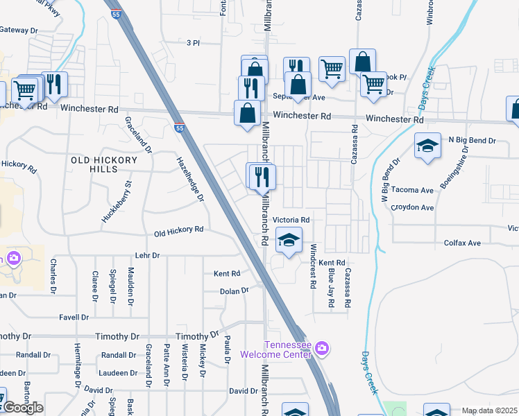 map of restaurants, bars, coffee shops, grocery stores, and more near 3649 Millbranch Road in Memphis