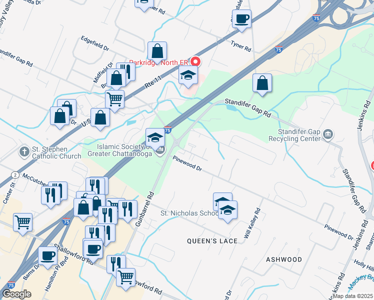 map of restaurants, bars, coffee shops, grocery stores, and more near 7401 Allemande Way in Chattanooga