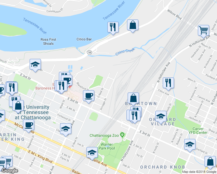 map of restaurants, bars, coffee shops, grocery stores, and more near 45 Scruggs Street in Chattanooga