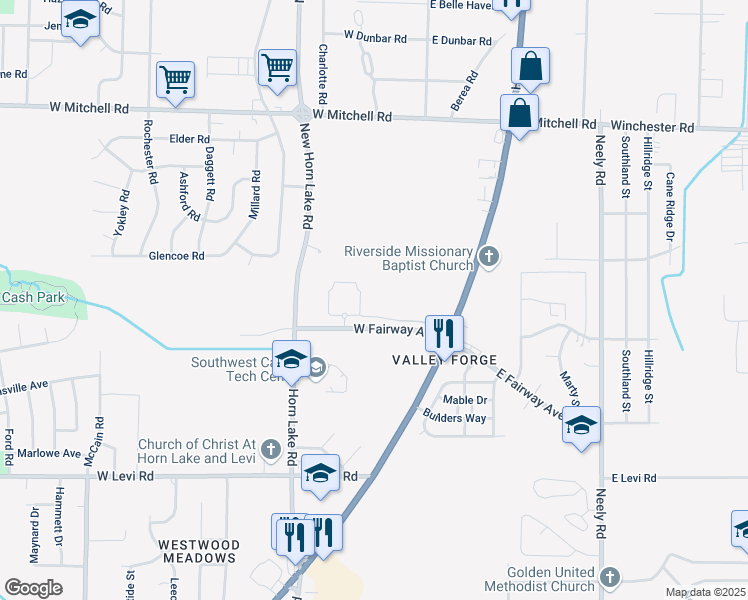 map of restaurants, bars, coffee shops, grocery stores, and more near 25905 West Fairway in Memphis