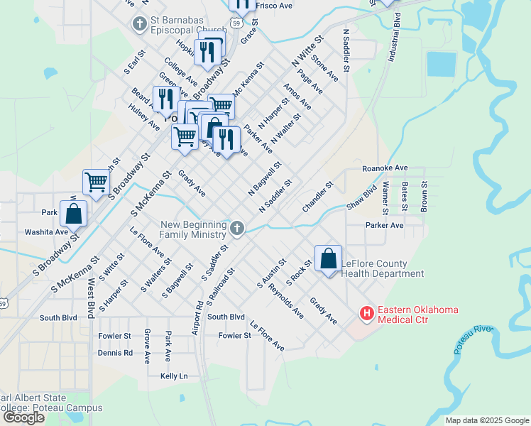 map of restaurants, bars, coffee shops, grocery stores, and more near 103 South Saddler Street in Poteau