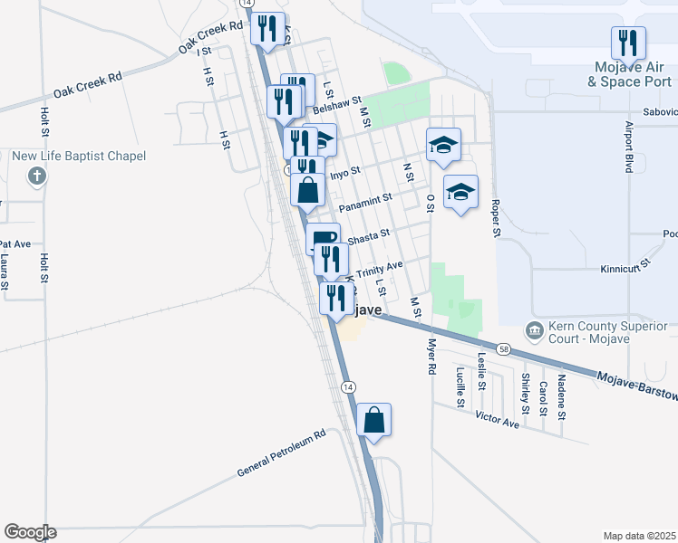 map of restaurants, bars, coffee shops, grocery stores, and more near 15615 K Street in Mojave