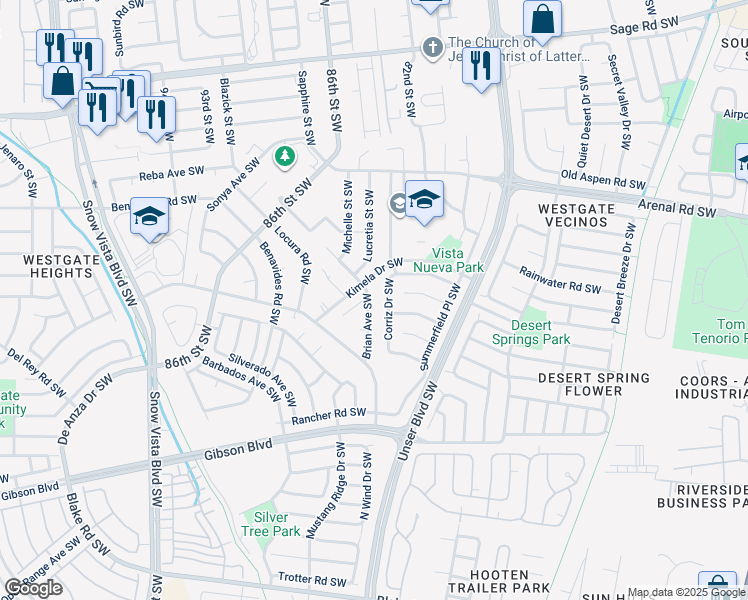 map of restaurants, bars, coffee shops, grocery stores, and more near 1512 Brian Avenue Southwest in Albuquerque