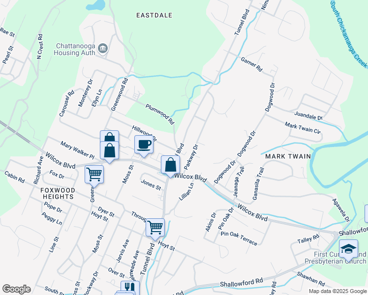 map of restaurants, bars, coffee shops, grocery stores, and more near 1804 Tunnel Boulevard in Chattanooga