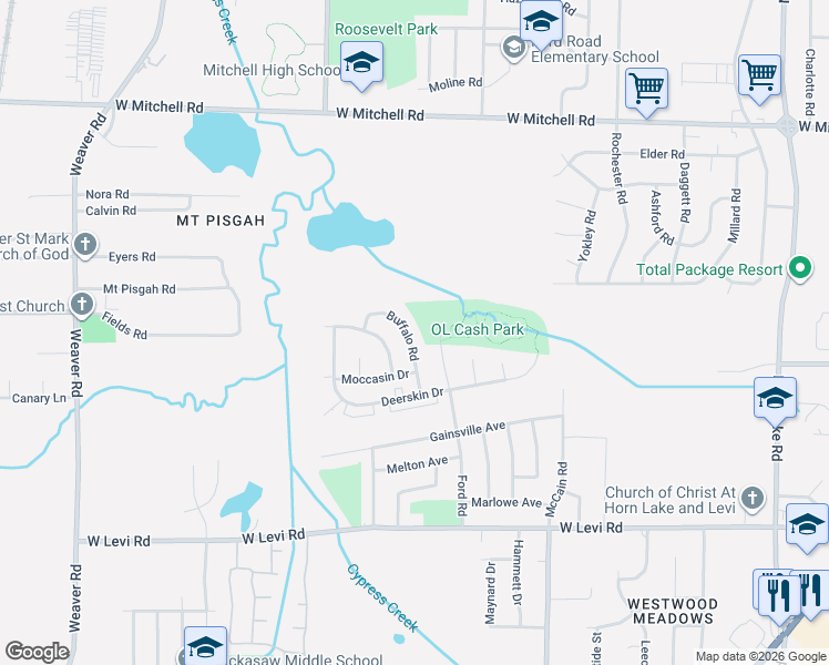 map of restaurants, bars, coffee shops, grocery stores, and more near 3649 Buffalo Road in Memphis